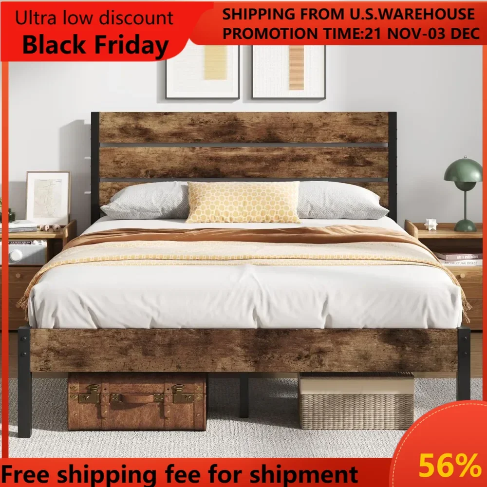 Queen Bed Frame with Wooden Headboard and Footboard, 14 Inch Metal Platform Bed, Mattress Foundation, No Box Spring Nee