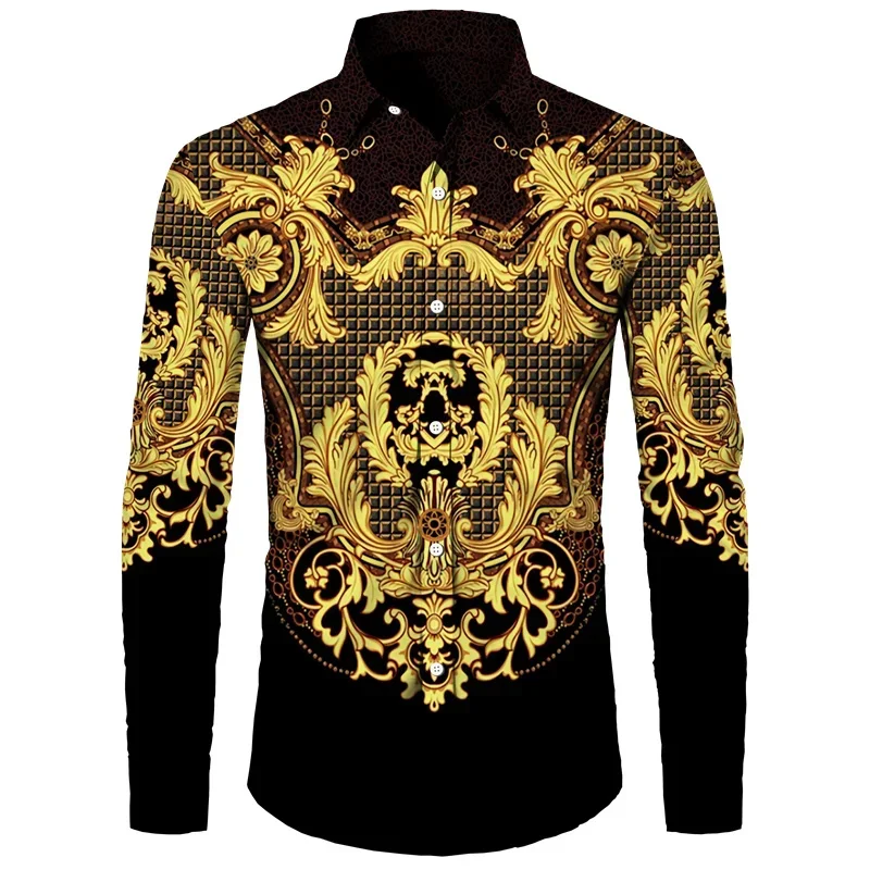 Heren Shirt Met Lange Mouwen En Gouden Print, Heren Sociale Mode, Heren Designer Kleding, Hawaiiaanse Mode, Elegant Klassiek Shirt