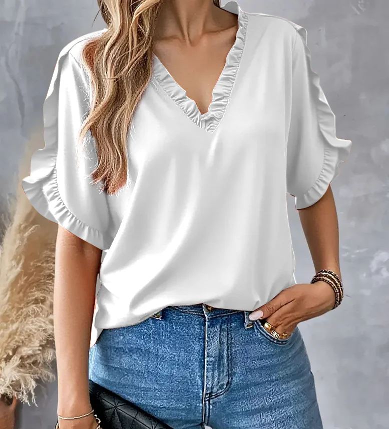 

Comfortable Solid - Hued Short - Sleeved V - Neck Top with Elegant Pleats, Blending Fashion and Ease