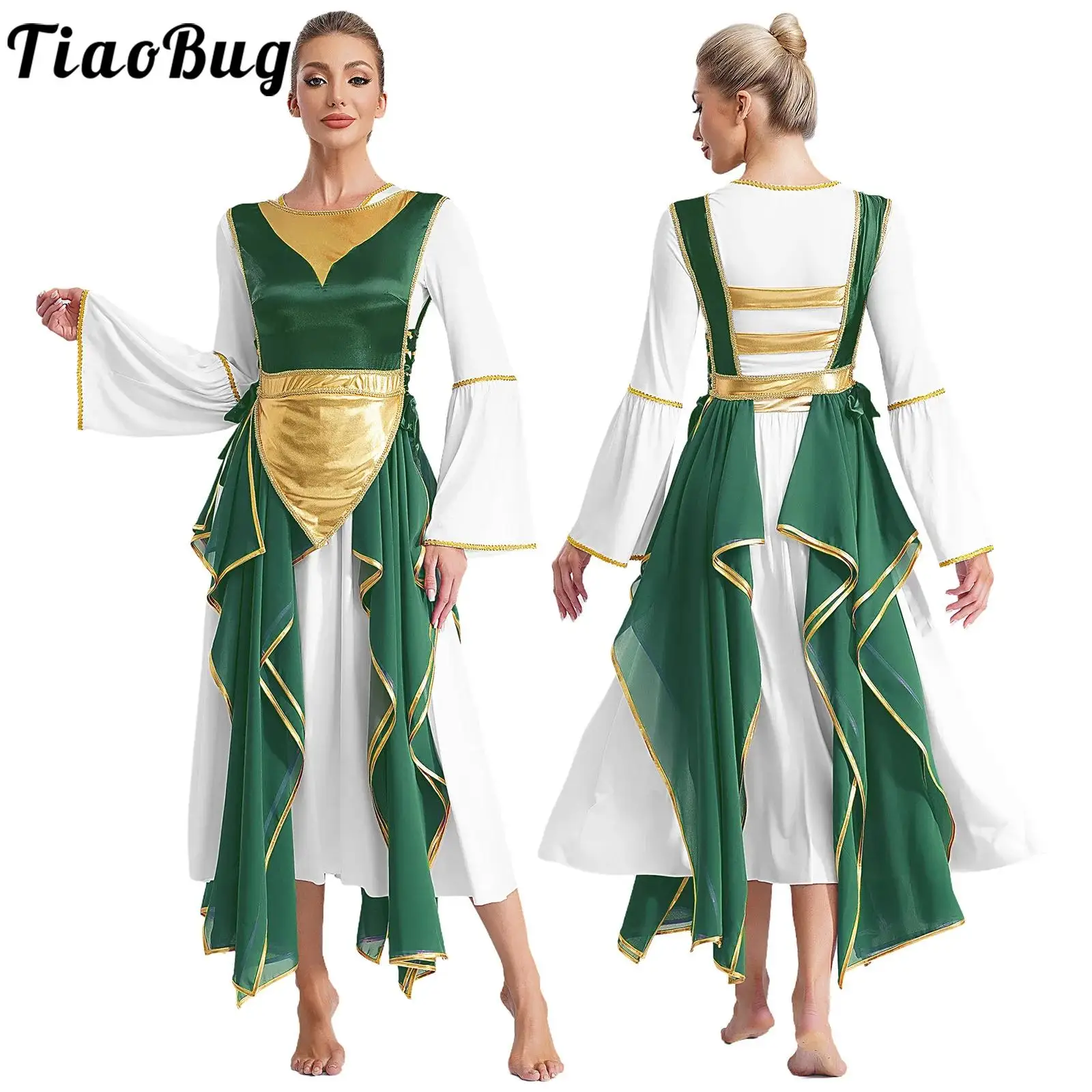 

Women Liturgical Praise Dance Costume Church Worship Robe Dress Long Sleeve Gold Trim Dress with Sides Split Lace-up Tunic Gown