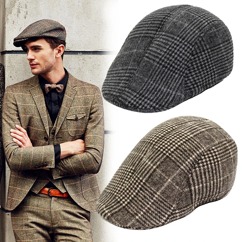 Vintage Men Baseball Hat British Painters Berets Autumn Winter Gentleman Newsboy Hat Plaid Wool Hat Unisex Driving Cabbie Cap