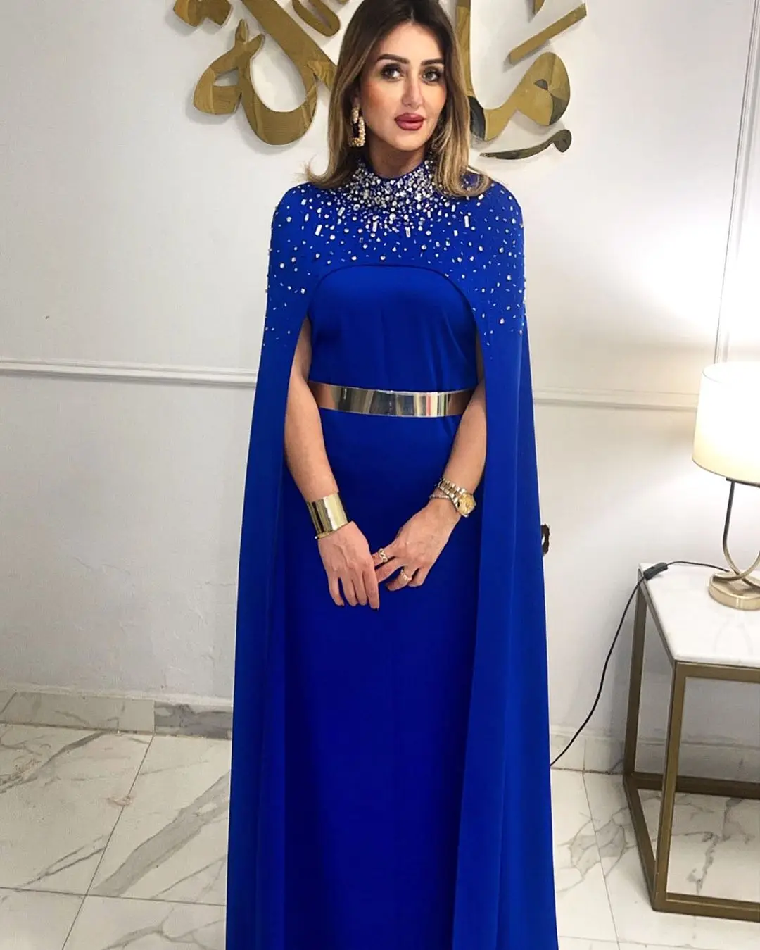 Fashionvane Elegant Saudi Arabia Women Wear Prom Dresses Beaded High Collar Long Wrap Vestidos De Noche Zipper Back Formal Dress