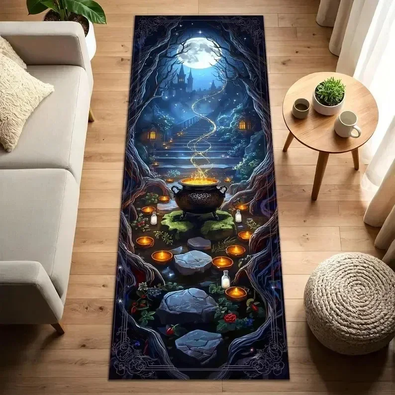 Gothic Purple Bat Floral Runner Rug Halloween Vampire Corridor Floor Mat
