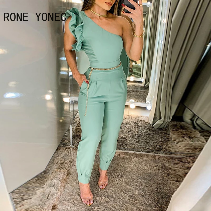 Women Elegant Solid One Shoulder Ruffle Decoration Chain Belts Formal Jumpsuit