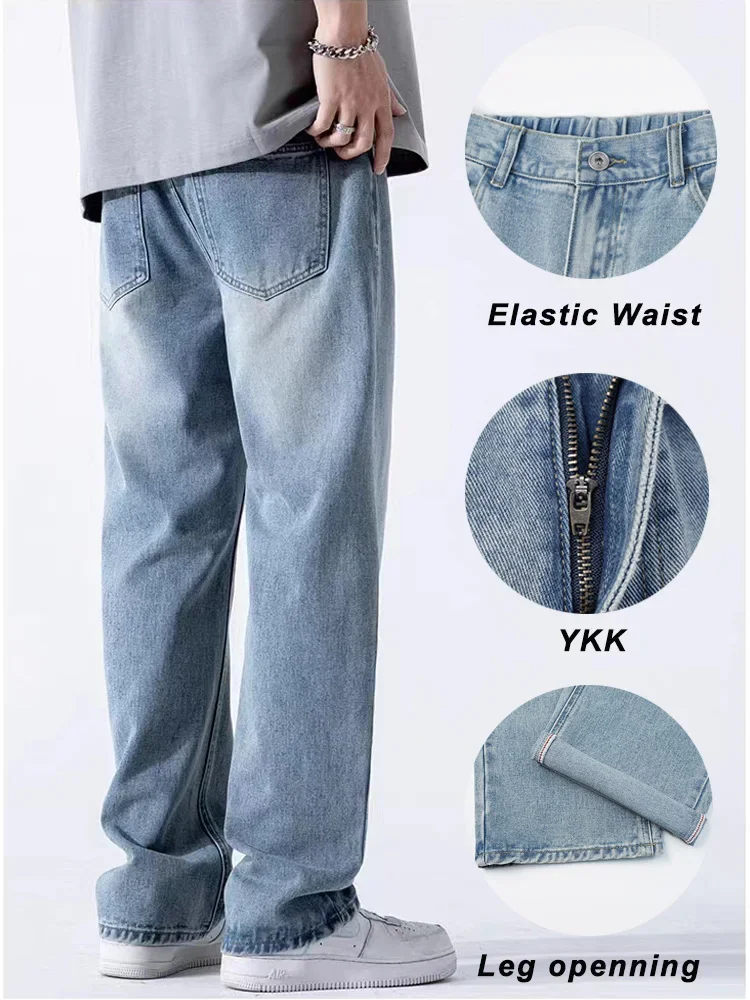 Spring Summer Men's Jeans Straight Denim Pants Elastic Waist Cotton Streetwear Male Wide Baggy Casual Blue Trousers