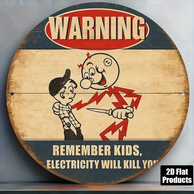 Ein 2D-Flächiges, kreisförmiges Schild im französischen Stil, retro-dekoratives Schild mit der Aufschrift „SICHERHEITSWARNUNG“.