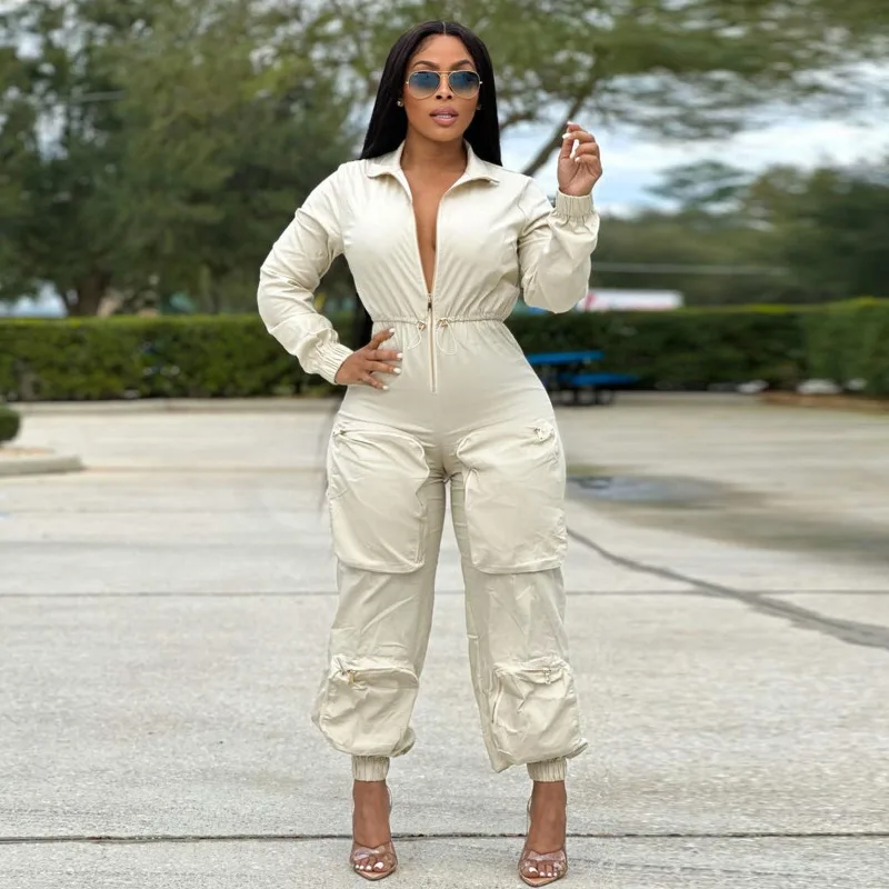 Solid 3D Pockets Patchwork Cargo Jumpsuit Women Autumn Turn Down Collar Long Sleeve Zipper High Waist Y2k Rompers Streetwear