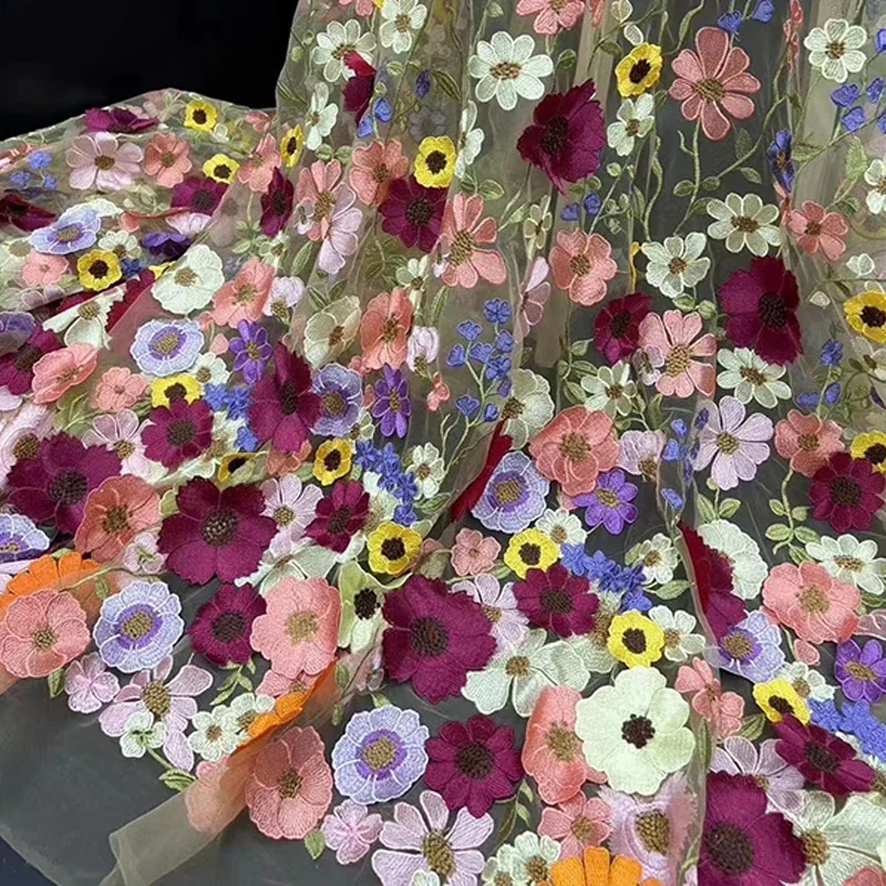 

Красочная 3D тюлевая ткань с цветочной вышивкой, ткань для свадебного платья своими руками, текстильная сетка, роскошная цветочная нашивка, кружевная ткань для шитья по дворам