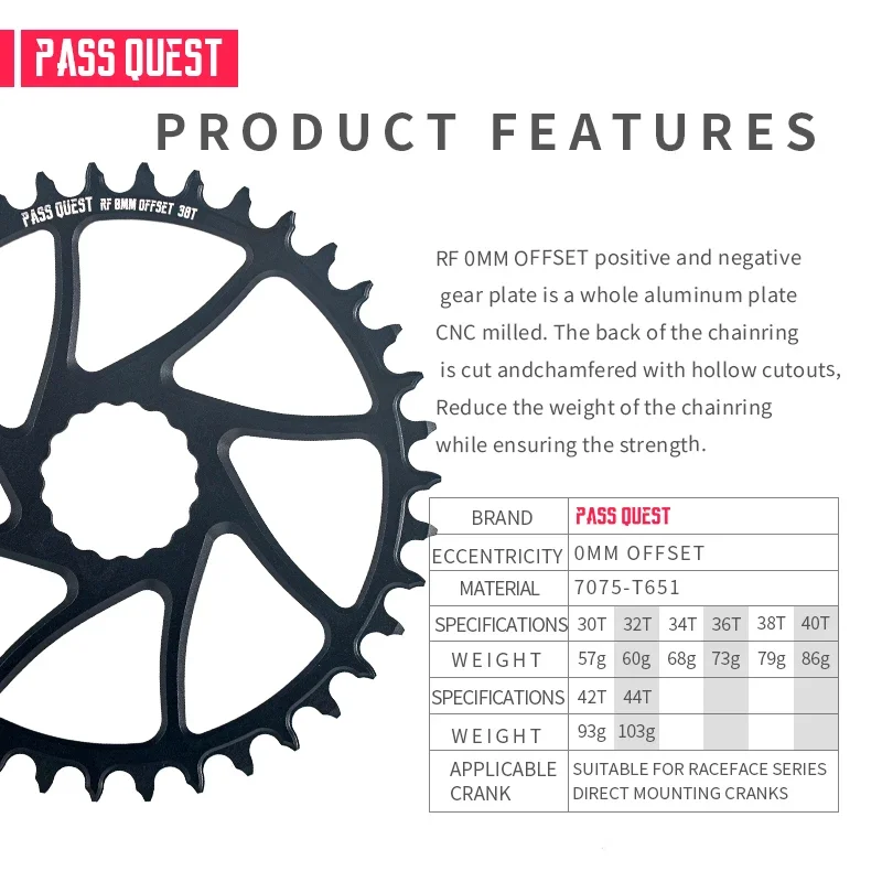 PASS QUEST RACEFACE Crank 0mm Offset Bicycle Chainring Width Narrow Direct Mount Chain Wheel 30T-48T for RACEFACE/EASTON