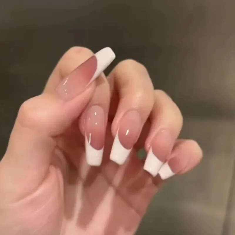 

24 шт., искусственные накладные ногти телесного цвета для девочек, акрил с клеем, дешевые французские длинные квадратные клейкие накладные ногти с липкими вкладками