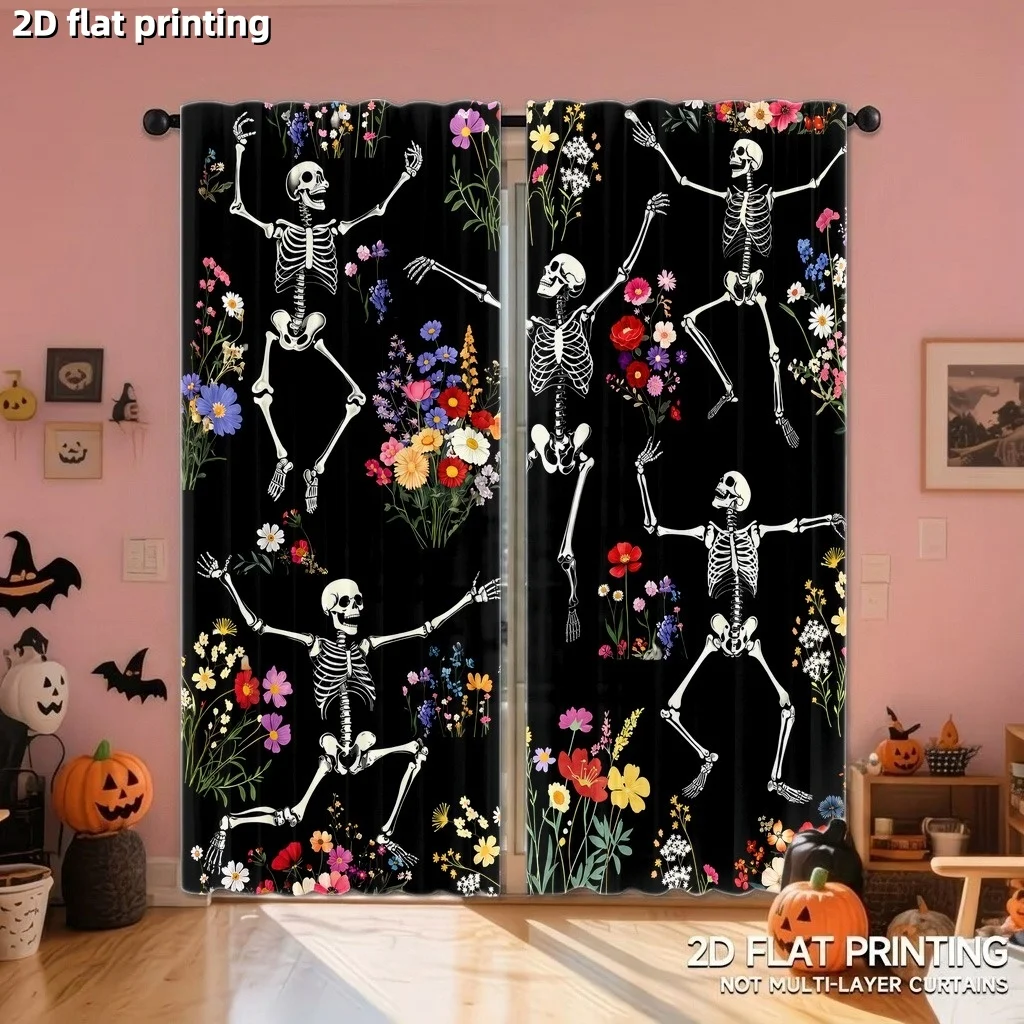 2-Piece,Halloween Skull Dancing Printed Curtains, Soft Light for Privacy Suitable for Living Room, Bedroom, Balcony, Home Decor.