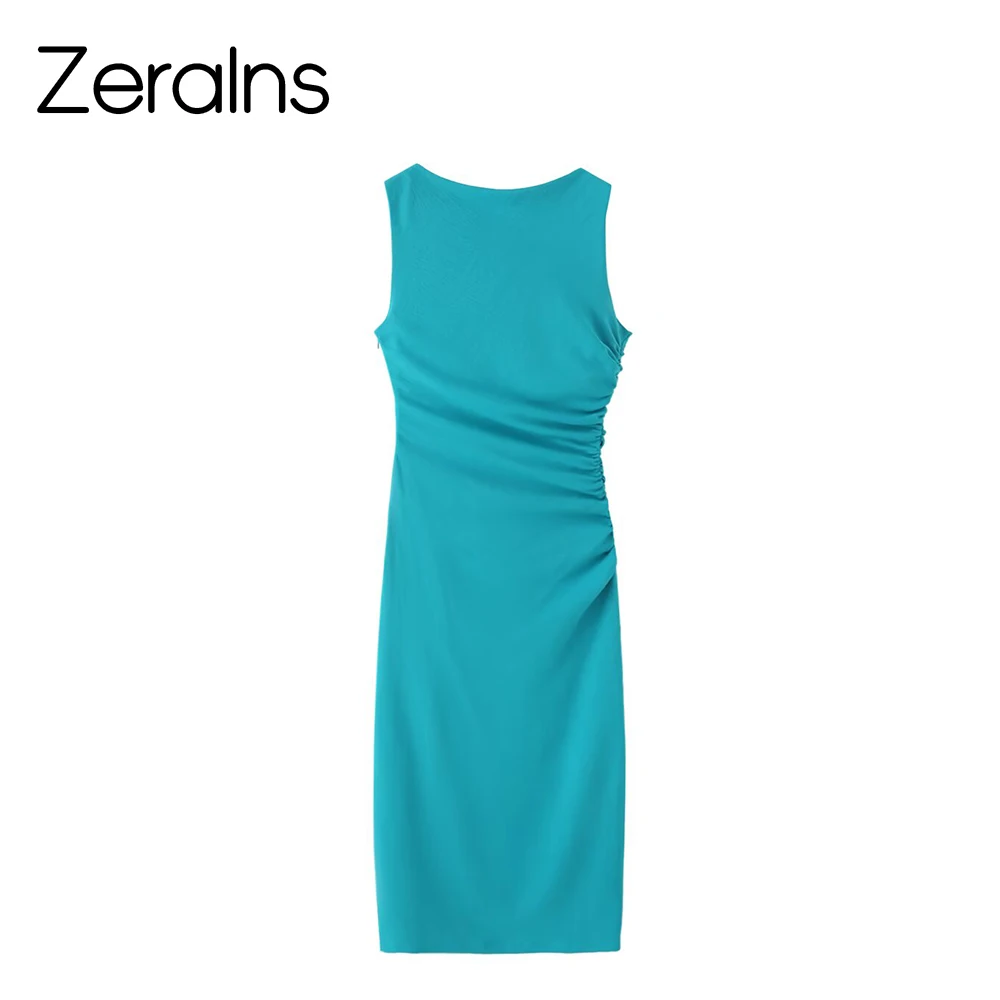 ZERAINS Summer new women's simple round neck sleeveless gold-plated inlaid hem slit mid length dress