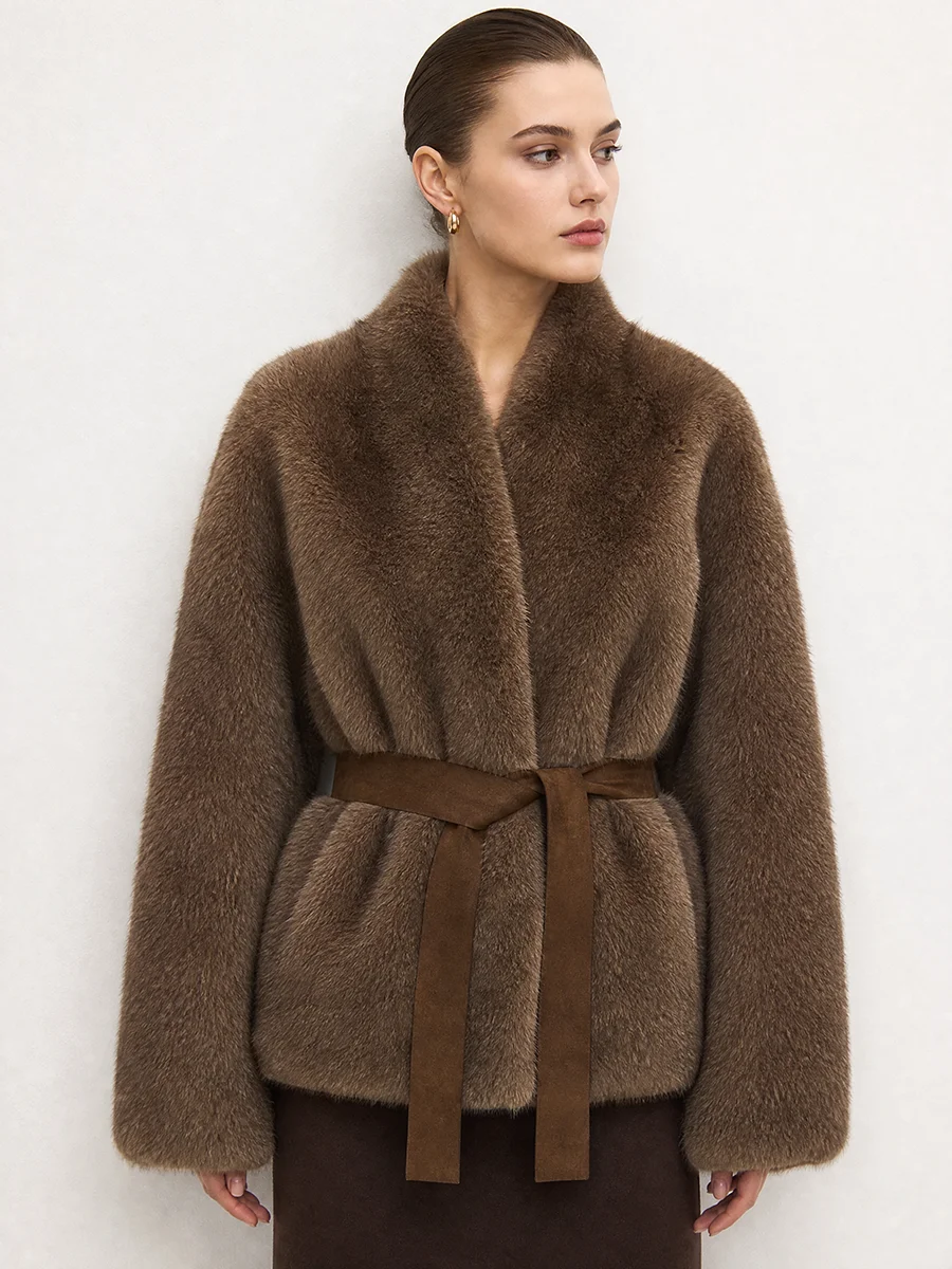 Women's Plush Faux Fur Coat Belted Shawl Collar Thick Warm Winter Jacket Luxe Elegant Chic Fashion Outerwear