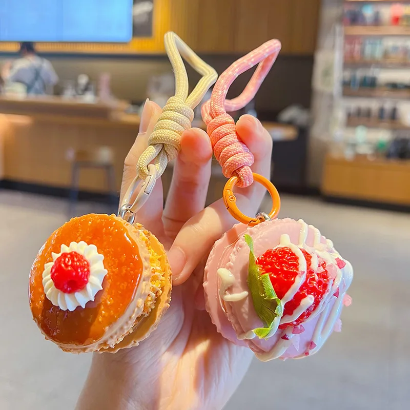 Strawberry Cookies Macaron Pendant Keychain Handmade Chocolate Caramel Macaron Decorative Keyring Girl Bag Car Pendant Accessory