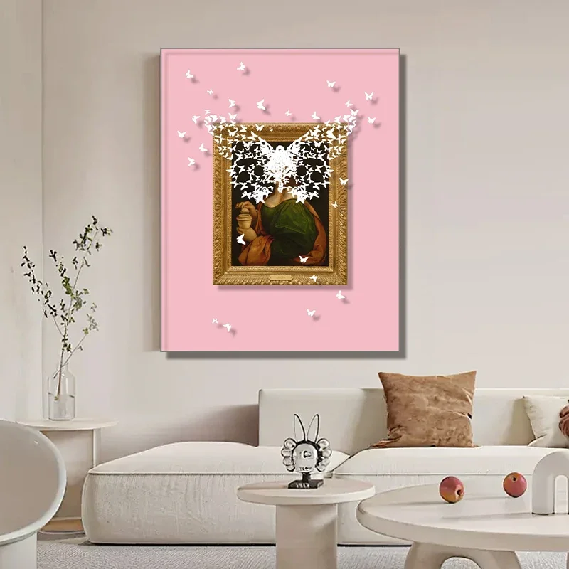 

z Home Decor Print Women Canvas Wall Art Handmade Mixed Media Artwork 3D Paper Butterflies Modern Room Pictures