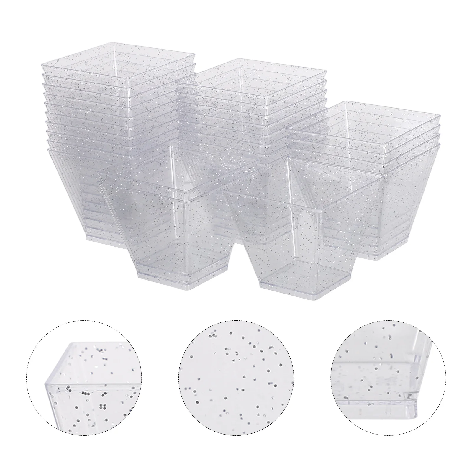 

25Pcs Clear Square Dessert Cups 60Ml Silver Glitter Plastic Bowls for Mini Mousse Parfait Ice Cream Snack Serving Charcuterie