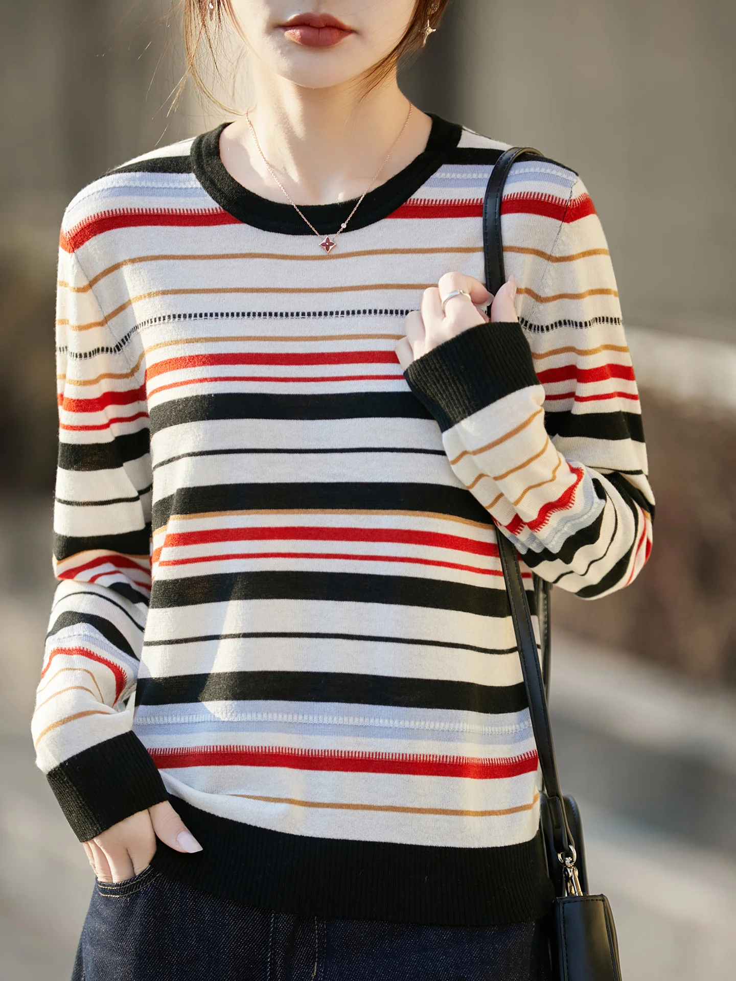 

Высококачественный женский свитер из шерстяной смеси для весны и осени, уютный вязаный пуловер, полосатая блузка с длинным рукавом, топы