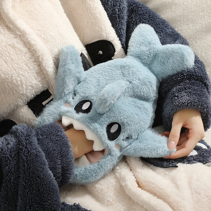 Portable Cute Plush Shark Hot Water Bottle Bag Stress Pain Relief Detachable Winter Warm Heat Reusable Hand Warmer