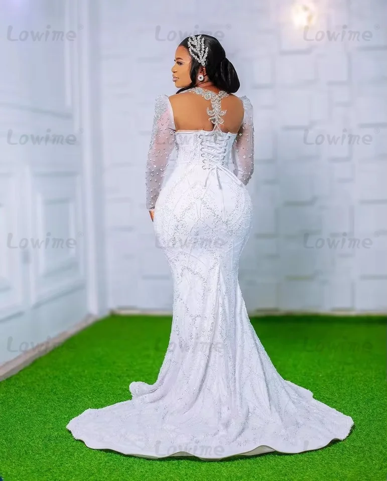 White Mermaid Wedding Dress Two Piece Customized African Bridal Gown With Detachable Skirt Long Sleeve Plus Size Bride Dresses