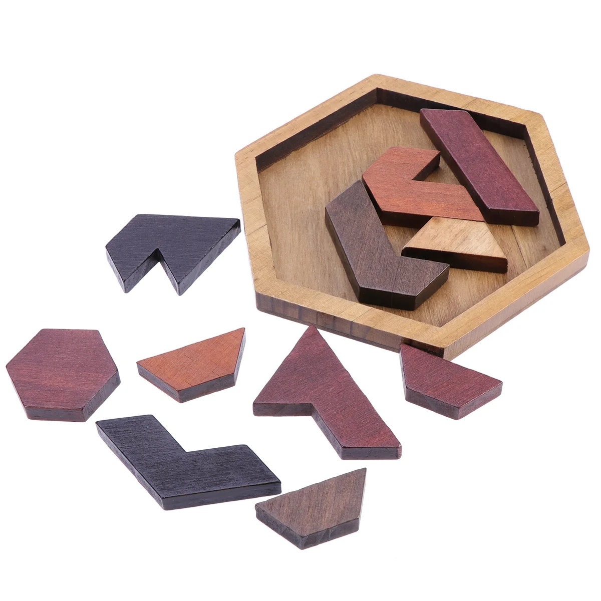 12-teiliges Holzblock-Hexagon-Tangram-Puzzle, Kinderspielzeug für Kinder, Bambus