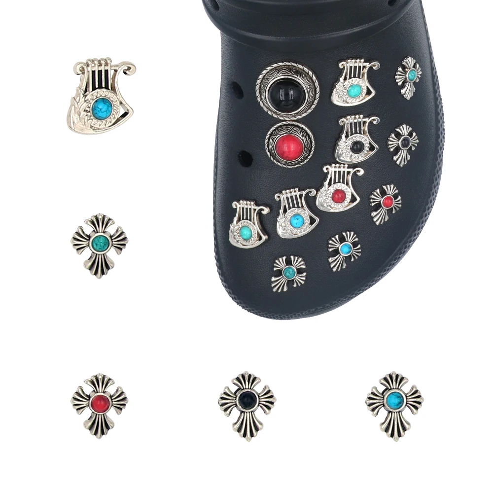16 Pieces 1 Set Shoe Decorations Charm Badge Shape Pines Simulated Turquoise Detachable Round Sandals Accessories Buckles Gift view 2