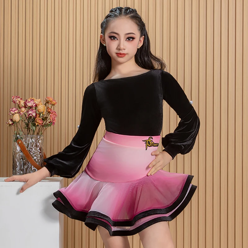 Niños Niñas baile latino niños terciopelo mono de manga larga y faldas oscilantes degradadas práctica Ropa de baile trajes de competición