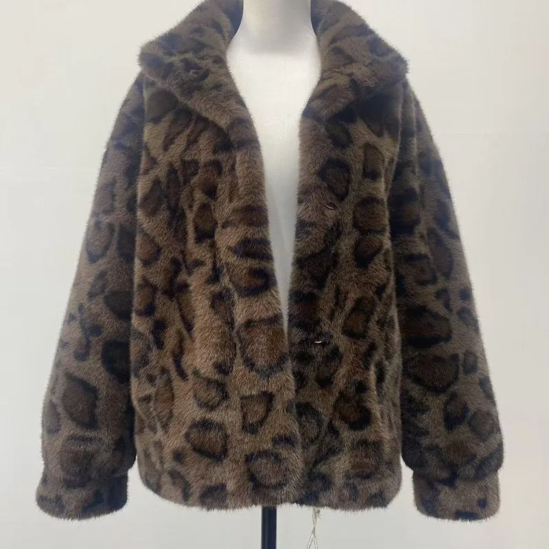 Nouveau à la mode imprimé léopard grande fleur fausse fourrure une pièce Faux vison épaissi tissu col montant manteau court vêtements pour femmes