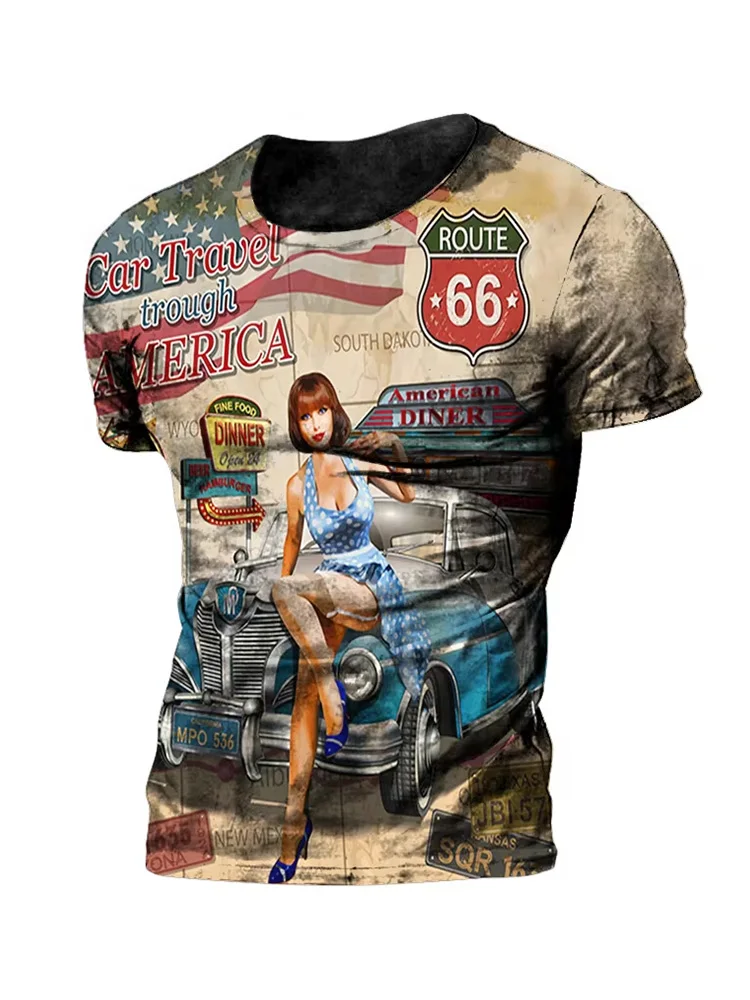 

Vintage 66 Route T-shirt For Men 3d Printed Biker Motor Men's T Shirts Oversized T Shirt Route 66 Racing Short Sleeve Camiseta