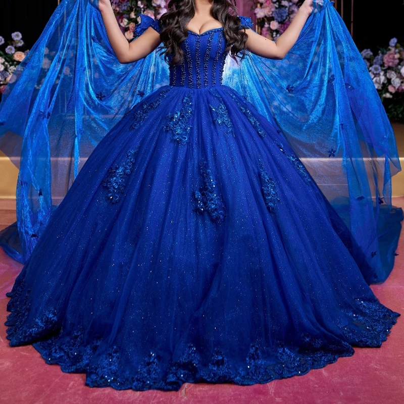 

Luxury Royal Blue Quinceanera Dress Ball Gown Off The Shoulder Lace Appliques Beads Tull Sweet 16 Vestidos De 15 Quinceañera