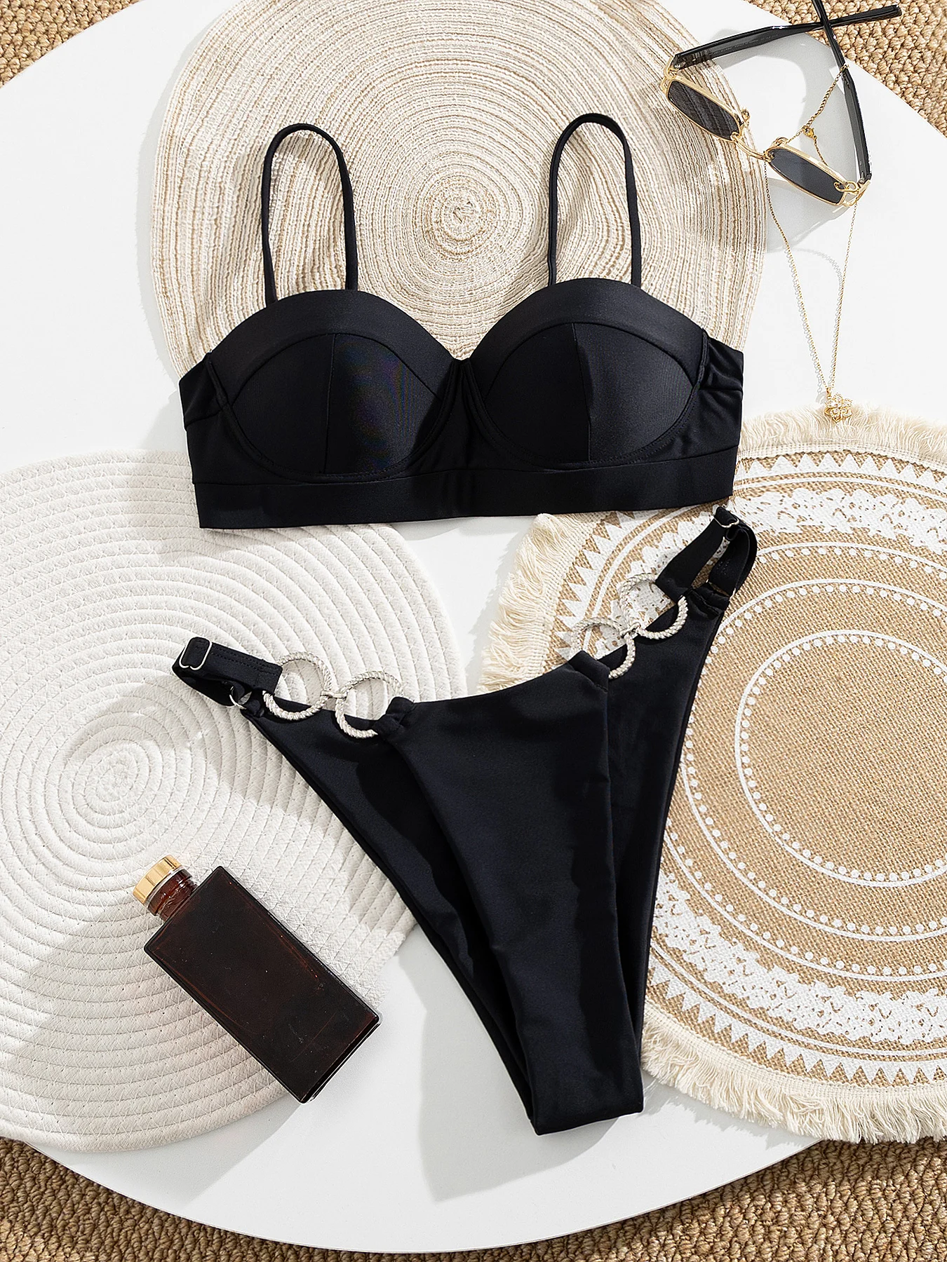 

Fashion Women Black Ring Chail Bikini Sexy Push Up Low Waist Biquini Swimwear Lady Bathing Suit Swimsuit Female Beachwear 2026