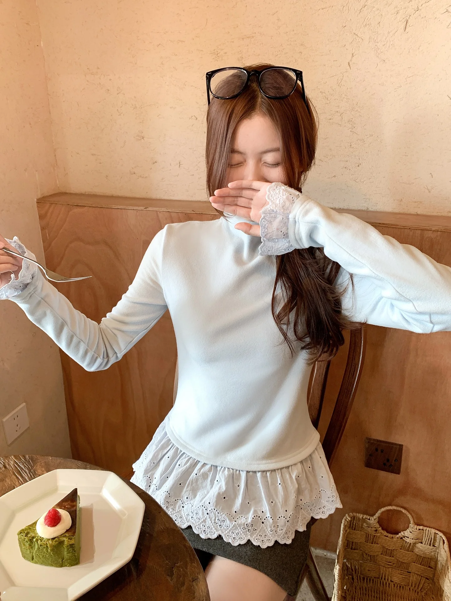 

Zeng Xiao Salt Blue Lace Base Long Sve Футболка с воротником-стойкой Женская осенне-зимняя облегающая внутренняя одежда Корейский топ