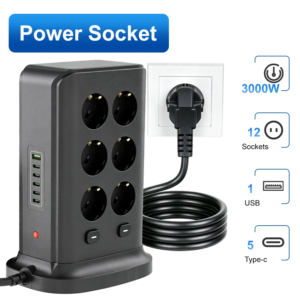 Universal 3000W PD AC QC3.0 USB Fast Charger Adapter Quick Charge Power Socket Switch 2/3M Extension Cable EU plug