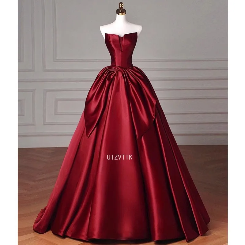 

Luxury Strapless Satin Party Evening Dresses Off-Shoulder A-Line Bowknot Prom Gown Elegant Women Burgundy Formal Celebrity Dress