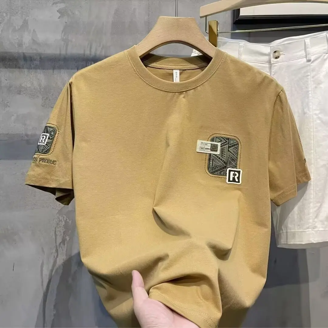 New Printed Summer Men T Shirt Pocket Short Sleeve Slim Fashion O Neck Oversize Breathable Men Tops Clothing