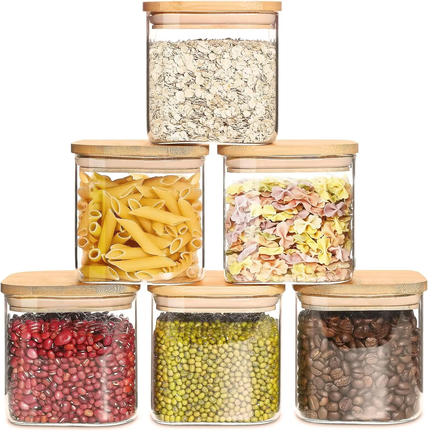 

Glass Food Storage Jars with Bamboo Lids,Clear Square Airtight Kitchen Storage Container,Stackable Glass Pantry Food Canisters