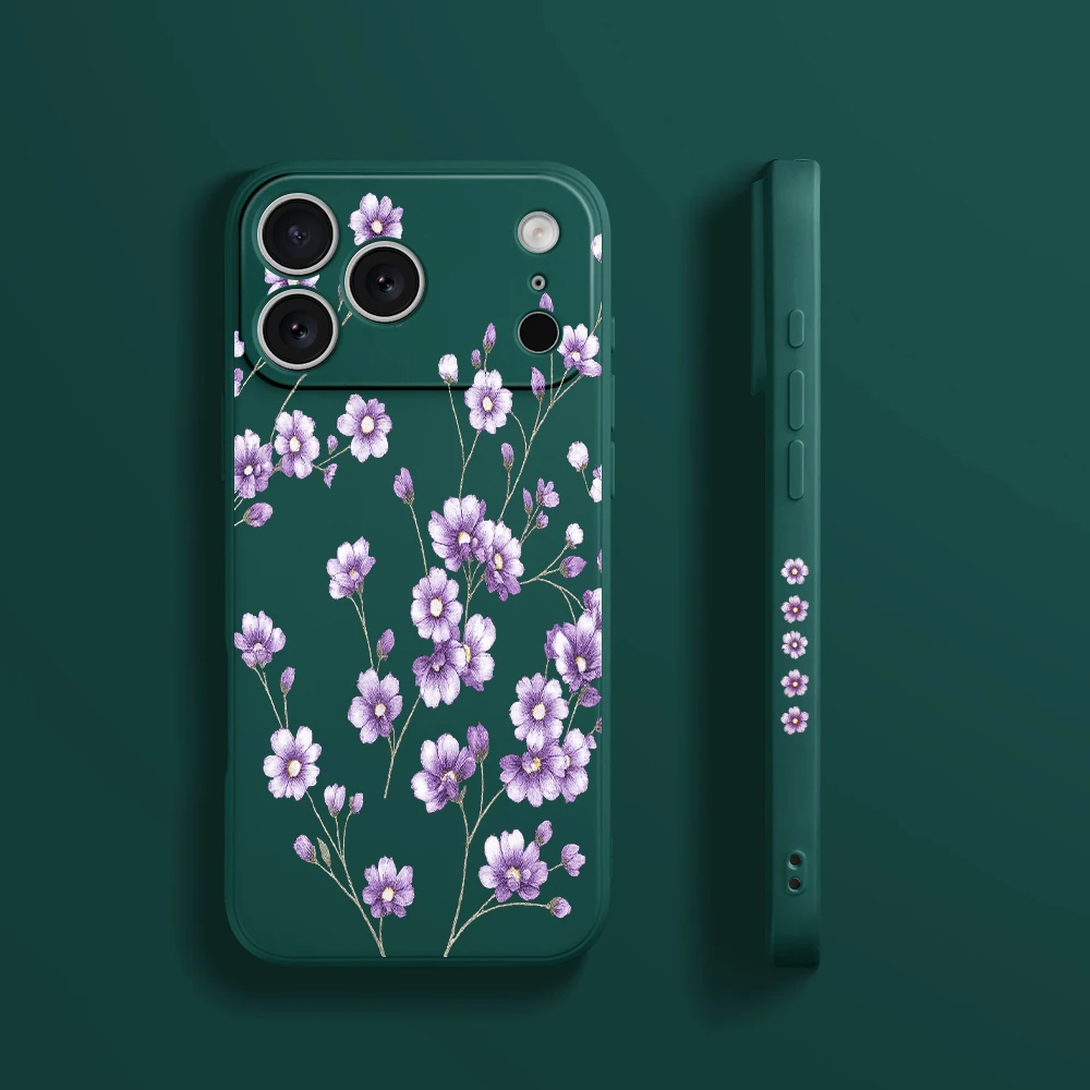 آيفون 17 برو ماكس 17 الهواء 16 15 14 13 12 11 برو ماكس XS ماكس 7 8 زائد 16e 16 زائد غطاء من البولي يوريثان كوكه الضوء الأرجواني الأزهار جراب هاتف