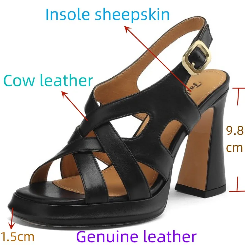 【JOCHEBED HU】Women Shoes New Fashion Summer Genuine Leather High Heels Platform Retro Dress Party Female Sandals 33-40