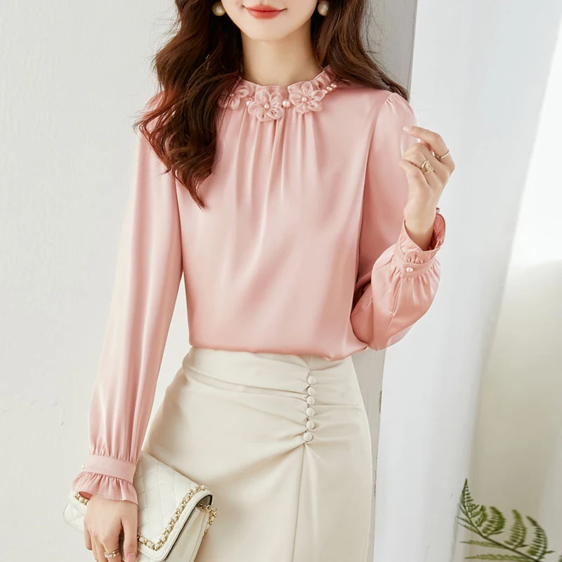 

Women Chiffon Shirts Beaded Floral Collar Fashion Women Blouse 2025 Elegant Long Flare Sleeve Casual Tops Femme