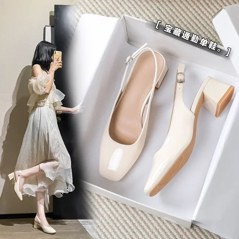 Sepatu suqare toe japaned kulit sandal wanita tebal high heels musim panas sepatu tali belakang hijau sandalias mujer ukuran besar 43