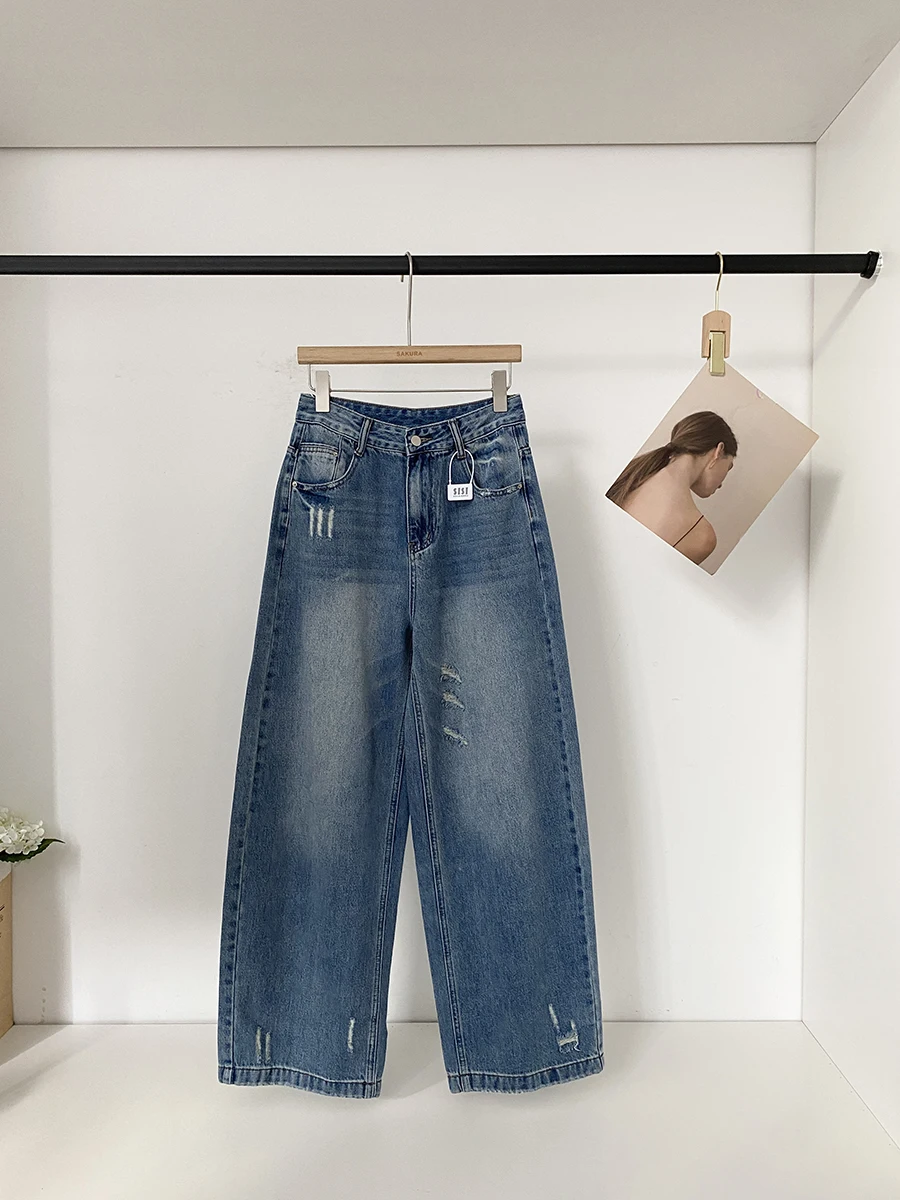

Retro High Waist Wide Leg Denim Jeans Women's Spring 2026 New Style Korean Version Washed Hole Straight Long Pants