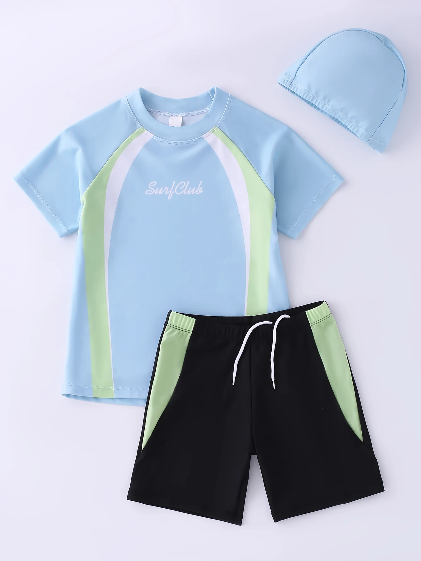 مجموعة تي شيرت السباحة للأولاد: طقم ملابس سباحة أنيقة مكون من ثلاث قطع مع سروال سباحة وقبعة سباحة ملابس سباحة للأطفال على الطراز البسيط #3