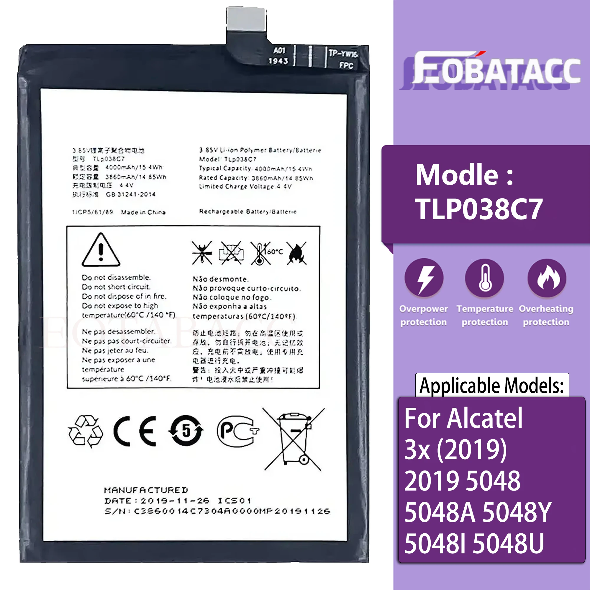 

New high capacity 4000mAh TLp038C7 TLp038C1 Battery For Alcatel 3x (2019) 2019 5048 5048A 5048Y 5048I 5048U Cell Phone