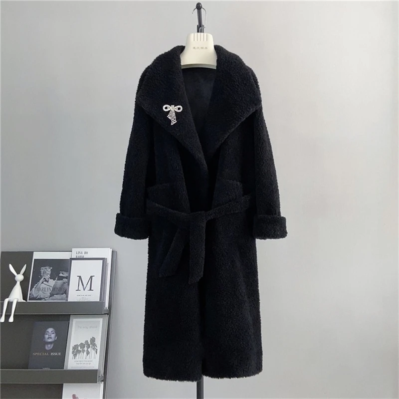 

Women's Pure Wool Brooch Solid Color Long Coat Lady Lamb's Wool 2024 New Fall and Winter Female Overcoat PT4103