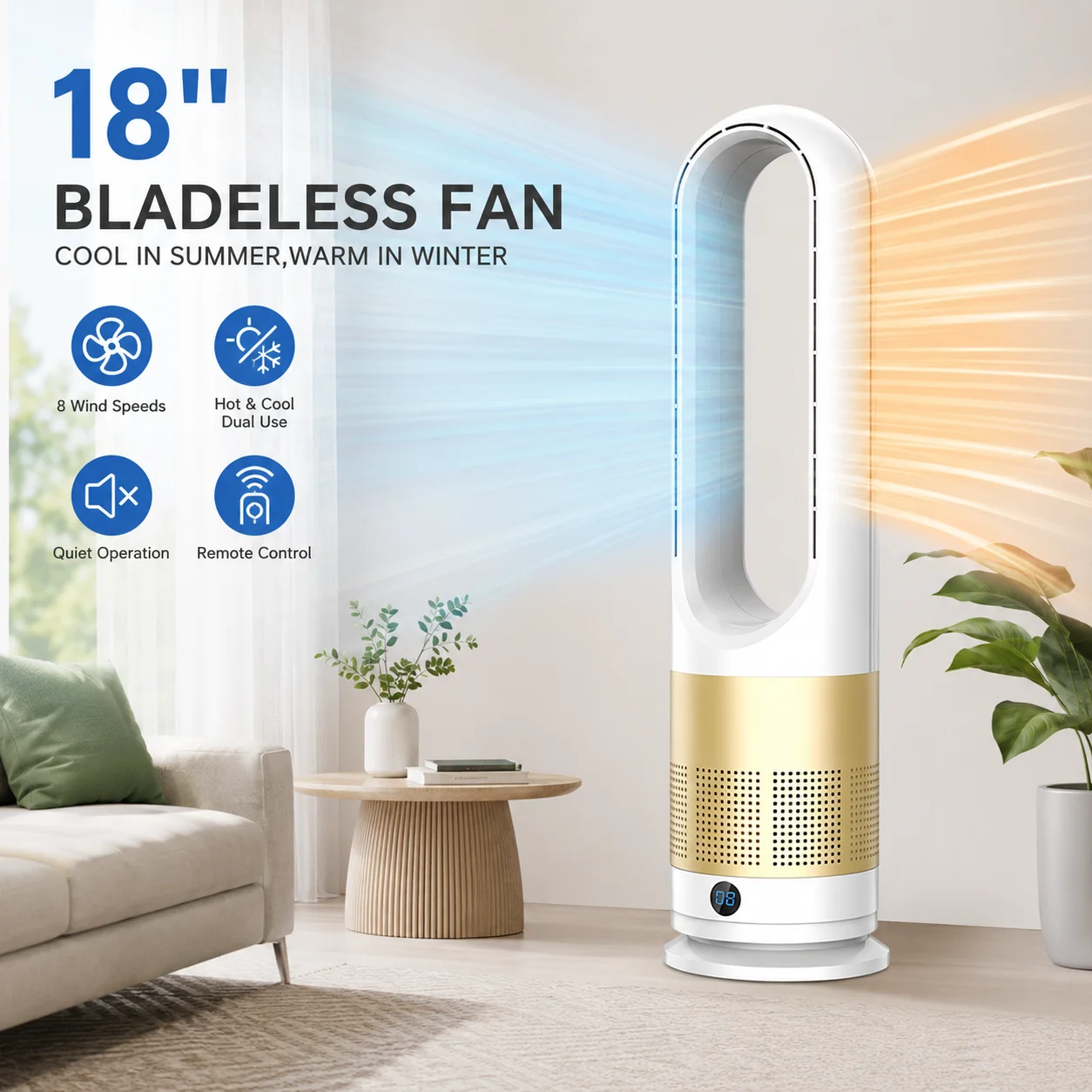 New 18-inch Bladeless Fan Heater & Cooler 2 in 1, Desktop & Floor Standing Tower Fan, Low Noise Energy Saving for Home Use