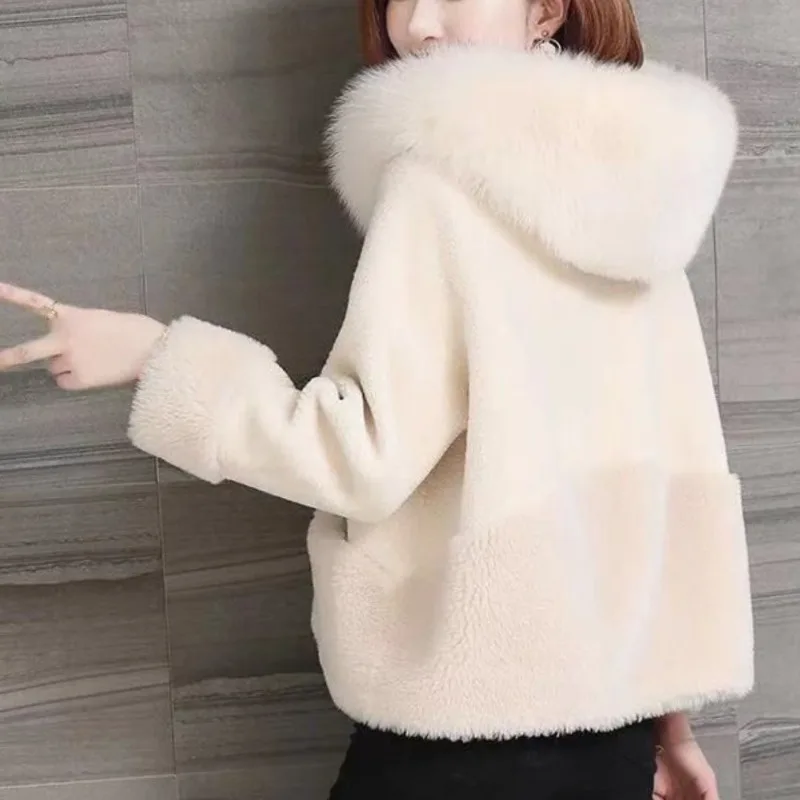 

Women's Autumn and Winter New Fashion Elegant Solid Color Hooded Fur Collar Zipper Korean Versatile Long Sleeved Loose Jacket