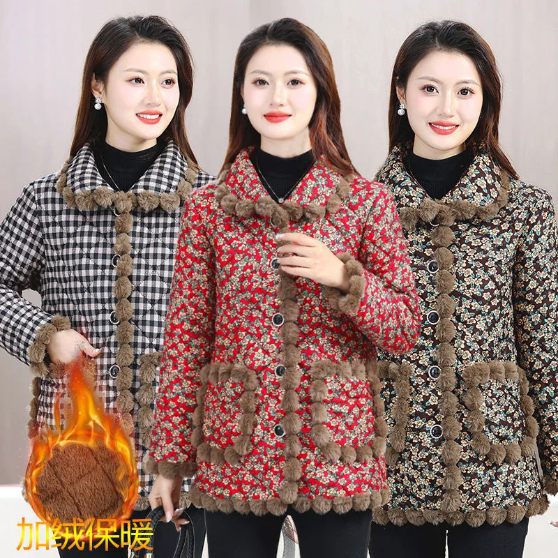 New Mother's Fashionable Fragmented Flower Cotton Coat Winter Plushed Thickened Loose Cotton Coat Women Loose Warm Cotton Coat