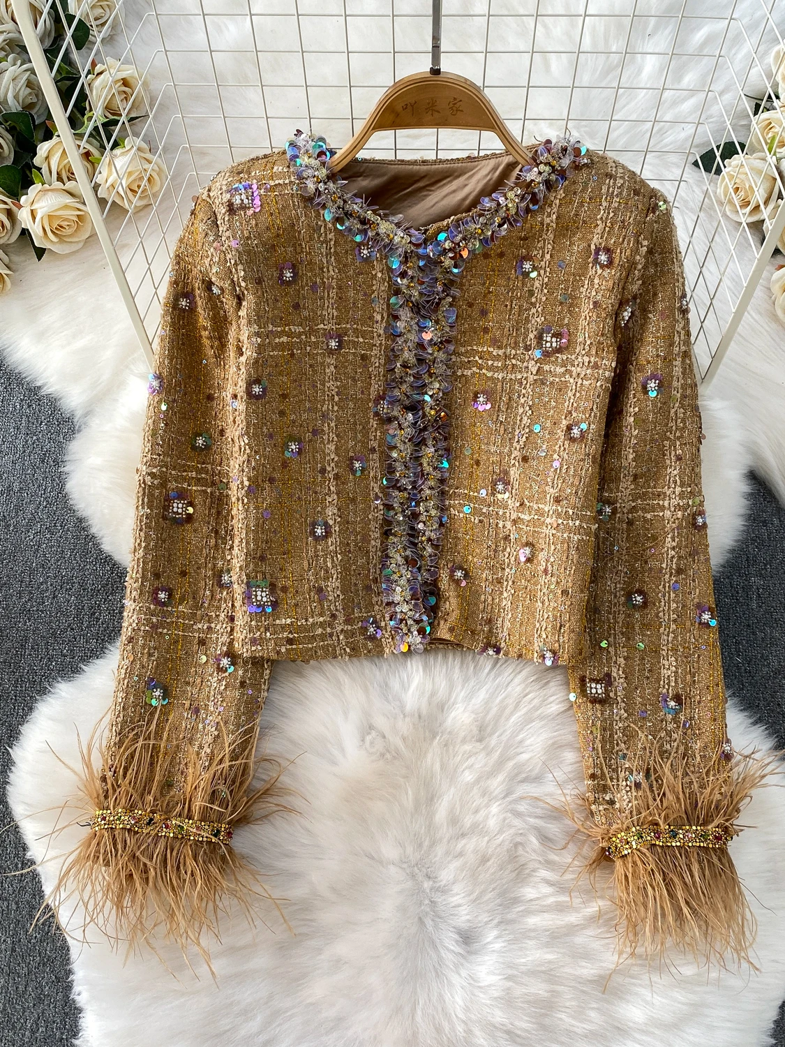 Ele European High-Quali Lightweight Luxury Diamond-Encrusted Sequin ort Skirt Set Women's Coat with Fur Sves