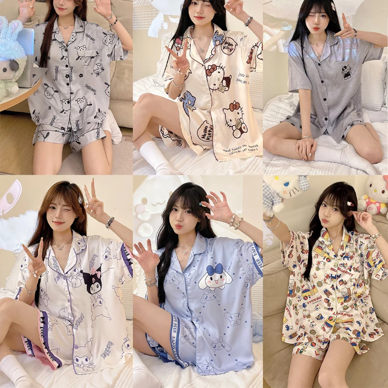 

Anime Ice Silk Pajamas Cartoon Sanrios Hellokittys Kuromi Schoolgirl Fallow Kawaii Shortage Summertime Worn Outside Loungewear