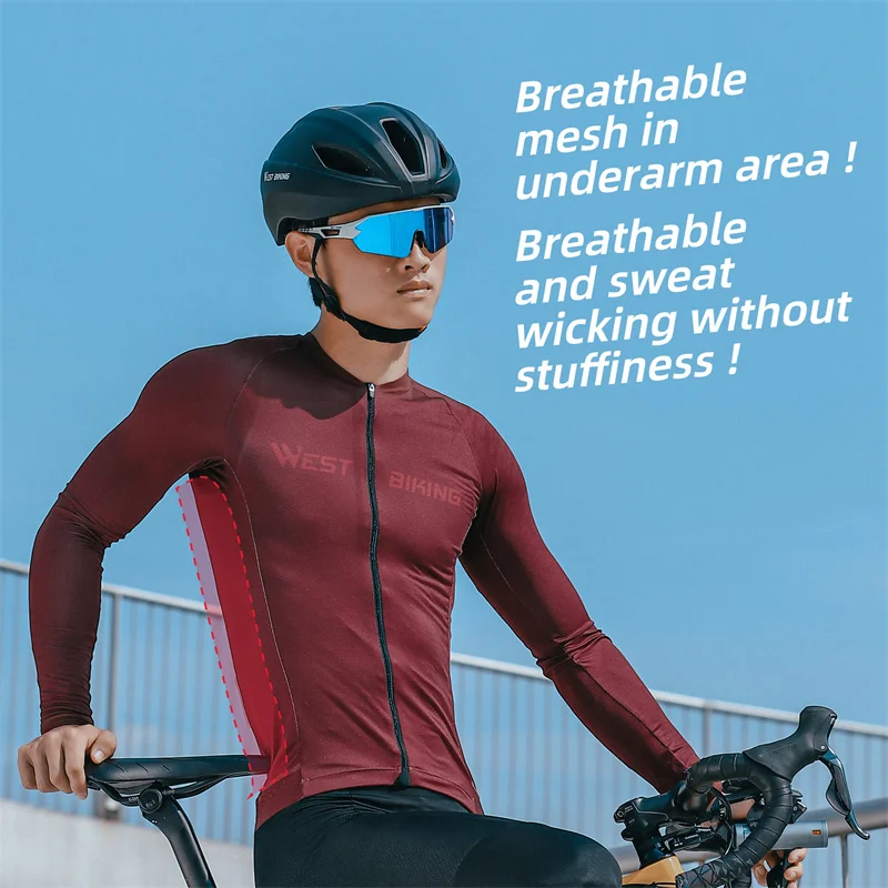 WEST BIKING Man Cycling Jersey Spring Autumn Compact Long Sleeve MTB Road Bike Cycling Clothes Stretchy Breathable Bike Clothing