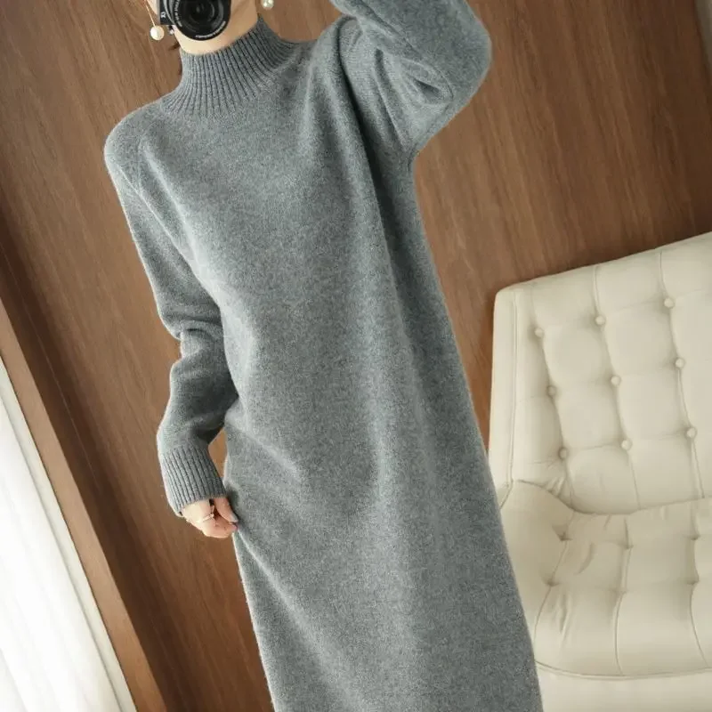 

Loose Knitted Sweater Dress Mid-Length Half-High Collar Autumn Winter New Style Korean Version Base Shirt Dress for Coat